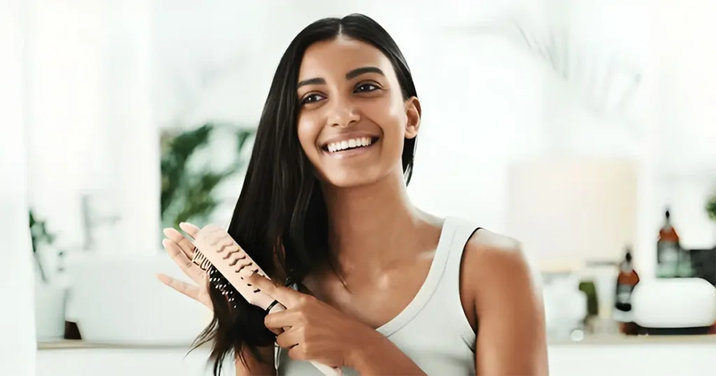 فوائد تمشيط الشعر: امرأة سعيدة بشعر لامع وصحي نتيجة تدليك فروة الرأس بفرشاة مناسبة.