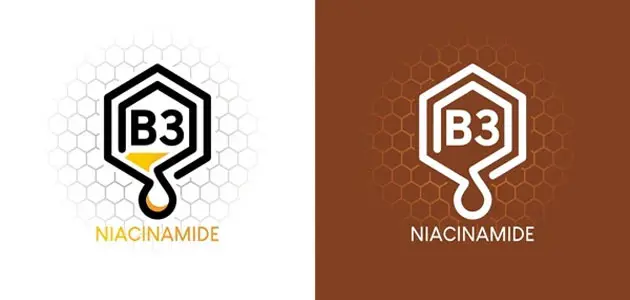 رسم بياني للهيكل الكيميائي لفيتامين B3، يُظهر مركب النياسيناميد.