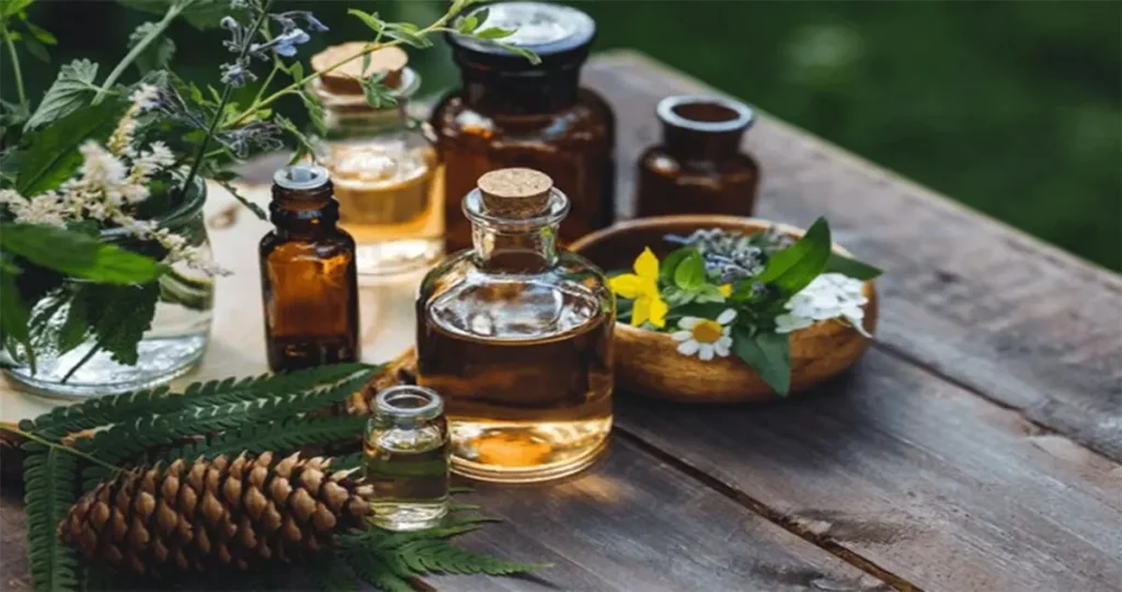 مجموعة متنوعة من الزيوت الطبيعية للبشرة المعبأة في زجاجات زجاجية